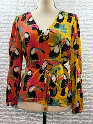 Farm Rio for Anthropologie Toucan Print Wrap Top Orange Yellow Beaded Tassel XS thumbnail 1