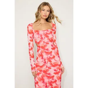 Lulus Dasia Pink and Red Abstract Print Mesh Cutout Midi Dress Large NWT thumbnail 5