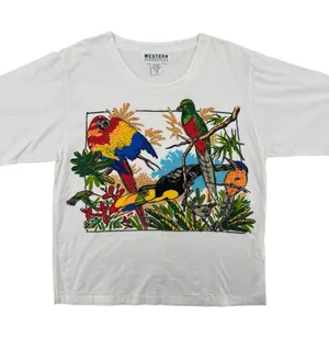 Vintage 90s Tee Tropical Birds Flowers Heavily Beaded Art to Wear Cotton Medium thumbnail 1