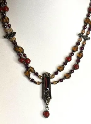 Vintage Multi-Strand Necklace With Red & Amber Beads Bronze Pendant & Chain Intr thumbnail 1
