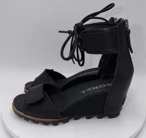 Sorel Joanie Black Leather Ankle Lace Up Wedge Heels Sandals Women's‎ Size 9 thumbnail 1