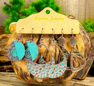 3 Pair Antique Rustic Look Folk Charm Earrings Ancient Copper Matchy Blue Accent thumbnail 1