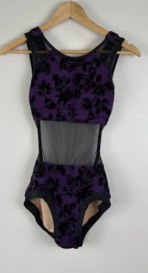 Kandi Kouture Black & Purple Floral Velvet Mesh Leotard Size AXS thumbnail 1