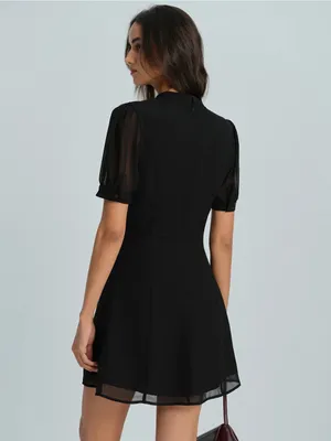 Rihoas Black Mock Neck Elegant Black Puff-Sleeve Mini Dress thumbnail 7