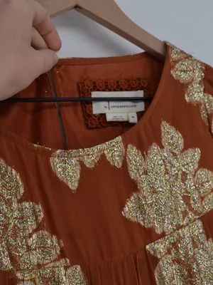 Anthropologie Jocasta Tiered Maxi Dress Burnt Orange Gold Metallic XS thumbnail 4