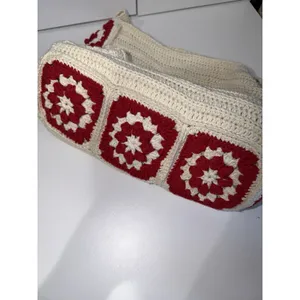 Crochet Granny Square Shoulder Tote Bag Red Beige Handmade Afghan Boho L‎ thumbnail 7