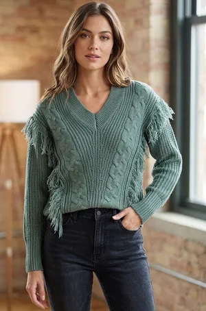Alison Andrews Sage Green Fringe Cable Knit Sweater Medium Boho Chunky Pullover thumbnail 1