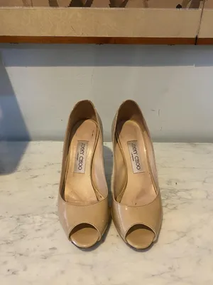 Jimmy Choo Shoes Womens Size 5.5 Beige Patent Peep Toe High Heel Pumps Italy thumbnail 2