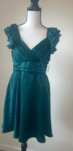 Altar’d State Small Tracey Green Satin Ruffle Sleeve Holiday Cocktail Dress thumbnail 1