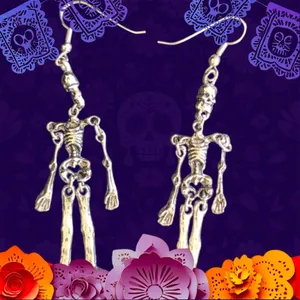 Silver Halloween Skeleton Dangle Earrings Gothic Vintage Style thumbnail 2