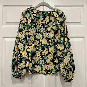 WHO WHAT WEAR Balloon Long Sleeve Keyhole Top‎ Black Green Floral Womens Large thumbnail 2