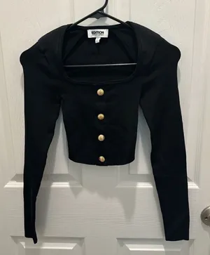 Edition Express Black Long Sleeve Cropped Top with Gold Buttons thumbnail 1