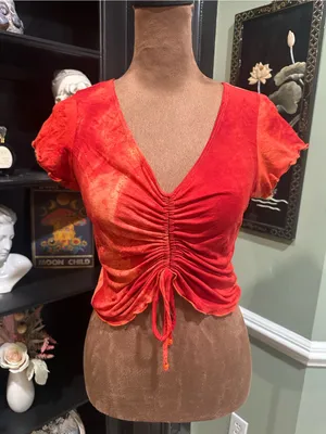 Evolution Fire Red & Orange Ruched Rave Top – Size Small thumbnail 1