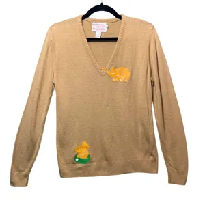 Vintage 60s 70s Owen Originals Elephant Appliqué V-Neck Sweater Tan Novelty Golf thumbnail 1