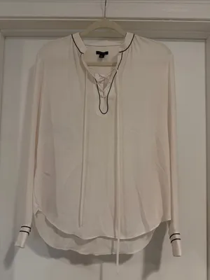 Ann Taylor Cream Long-Sleeve Lace-Up Blouse with Contrast Trim thumbnail 1