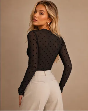 Alice + Olivia S NWT Black Flocked Polka Dot Semi Sheer Mesh Long Sleeve Top thumbnail 3