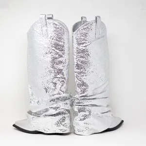 NEW Azalea Wang Shawnee Silver Metallic Scrunched Western Cowboy Boots Shoes 6 thumbnail 3