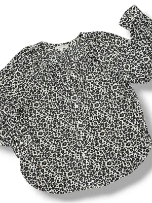 Loft Leopard Print Gathered Neck Button Up Blouse Cream Tan Large Long Sleeve thumbnail 12