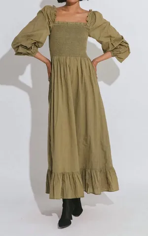 Cleobella‎ Lennox Ankle Dress Olive Green Smocked Cotton Maxi XS thumbnail 1