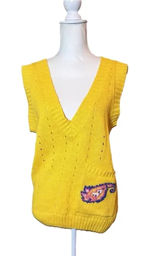 Jack Winter Sweater Vest Yellow Paisley Pocket Knit Women's Size Small Vintage‎ thumbnail 1