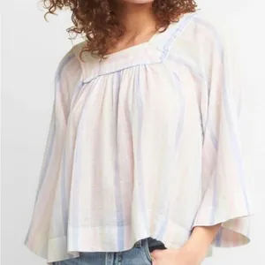 Gap Linen Square-Neck Top Womens Small White 3/4 Sleeve Beachy Flowy Stripe‎ thumbnail 2