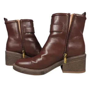 Sam & Libby Natalia Brown Faux Leather Buckle Stacked Heel Ankle Boots 9.5M thumbnail 9
