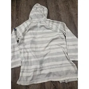 L.L. Bean Striped Gray Beige White Open-Front Hoodie Fleece Cardigan Sweater M thumbnail 2