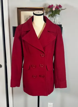 Vintage New York & Company Red Wool Blend Double Breasted Pea Coat Womens 12 thumbnail 1