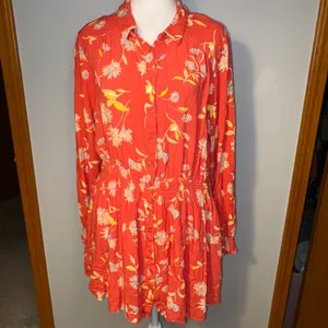 Free People‎ Ruthie Coral Floral Print Button Front Mini Shirt Dress flowy Large thumbnail 3
