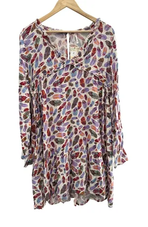Roper Long Sleeve Multi Color Feather Print Rayon Dress‎ Medium NWT Western Mini thumbnail 1