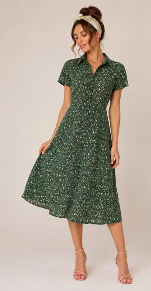 rihoas green floral button up midi dress sleeve size s thumbnail 1