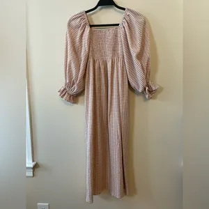 REVOLVE x O.P.T. Athena Smocked Pink Gingham Ruffle Midi Dress Milkmaid Size S thumbnail 6