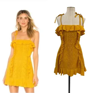 Majorelle Mara Eyelet Ruffle Mini Dress Mustard Yellow Tie Strap Size‎ Small thumbnail 2