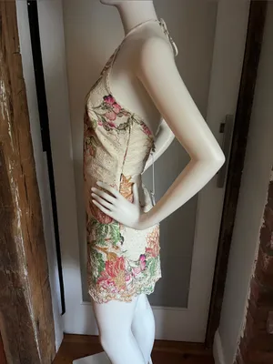 HEMANT & NANDITA White Halter Mini Dress with Pink & Green Floral Embroidery thumbnail 4
