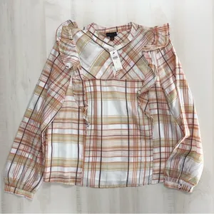 nwt ANTHROPOLOGIE current air ruffle plaid blouse top event work L thumbnail 1