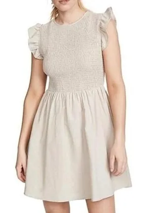 NWT English Factory Smocked Ruffle Sleeve Dress Sz XS Beige Fit‎ & Flare Neutral thumbnail 1