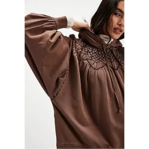 Free People Bohemian Marty Smocked Mini Dress Brown Bear Sweatshirt Tunic Medium thumbnail 8