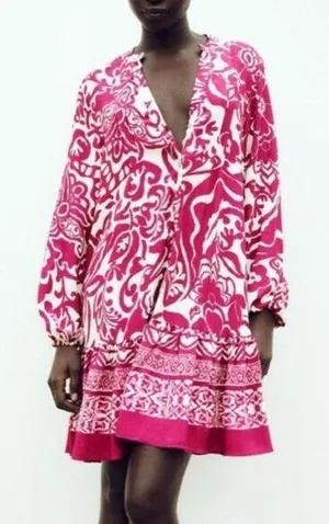 Zara Magenta Pink and Cream Printed Oversized Mini Dress Size M thumbnail 1