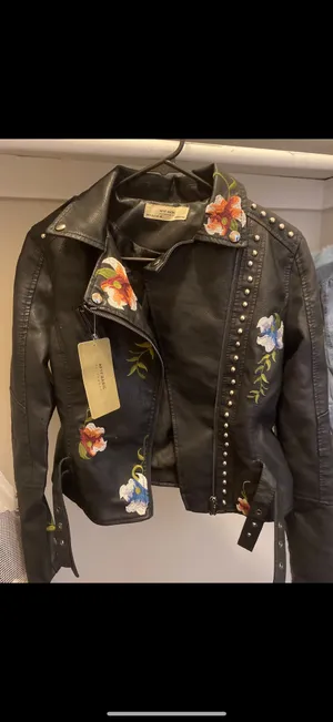 Faux Leather Jacket w/ Embroidered Flowers Black thumbnail 1