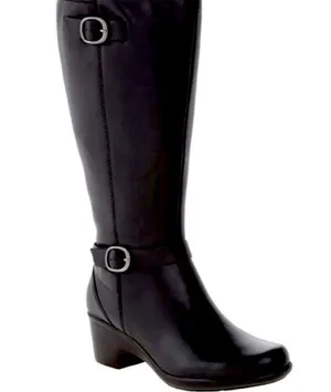 Clarks Malia Poplar Extended Calf Riding Boots Black Leather Heeled Boots Size 8 thumbnail 1
