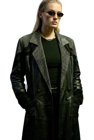 VTG 80s Black Leather Long Trench Duster Coat M Intricate Burnout Suede thumbnail 1