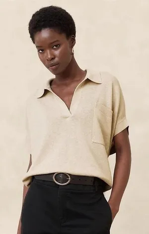 Banana Republic Cotton Linen Blend Polo Sweater Oatmeal Beige Short Sleeve M/L thumbnail 1