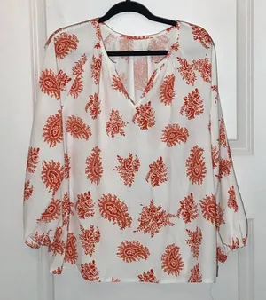 Paisley Print Long Balloon Sleeve Blouse Large Orange thumbnail 1
