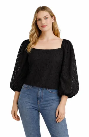 Mustard Seed Black Crop Smocked Blouse Balloon‎ Sleeve Witchygoth Womens Medium thumbnail 1