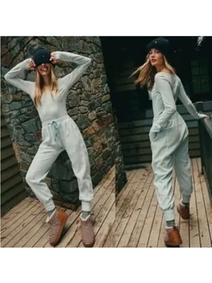 Free People Movement Make It Count jumpsuit romper fleece pants blue Sz M thumbnail 2