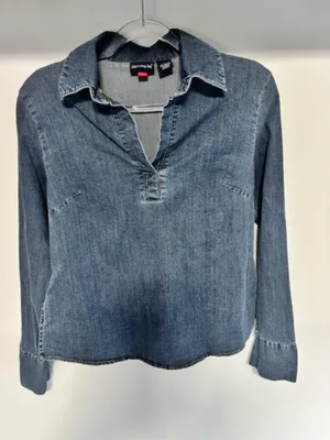 Vintage Y2K Old College Inn Stretch Denim Pullover Shirt Women Split V Neck L thumbnail 2