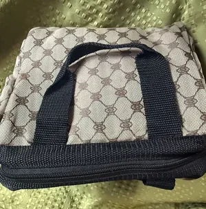 Patterned Beige and Brown Cosmetic lunch Bag with Black Trim Tan thumbnail 2