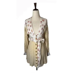 Free People‎ Wonderland Floral Mini Dress Women XS Yellow Boho Sash Cottagecore thumbnail 2