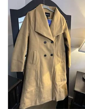 NEW Camel Shawl Collar Career Double Breasted Maxi Pea Coat M thumbnail 1