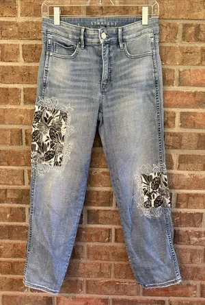 White House Black Market Light Blue Straight-Leg Jeans with Floral Embroidery thumbnail 1